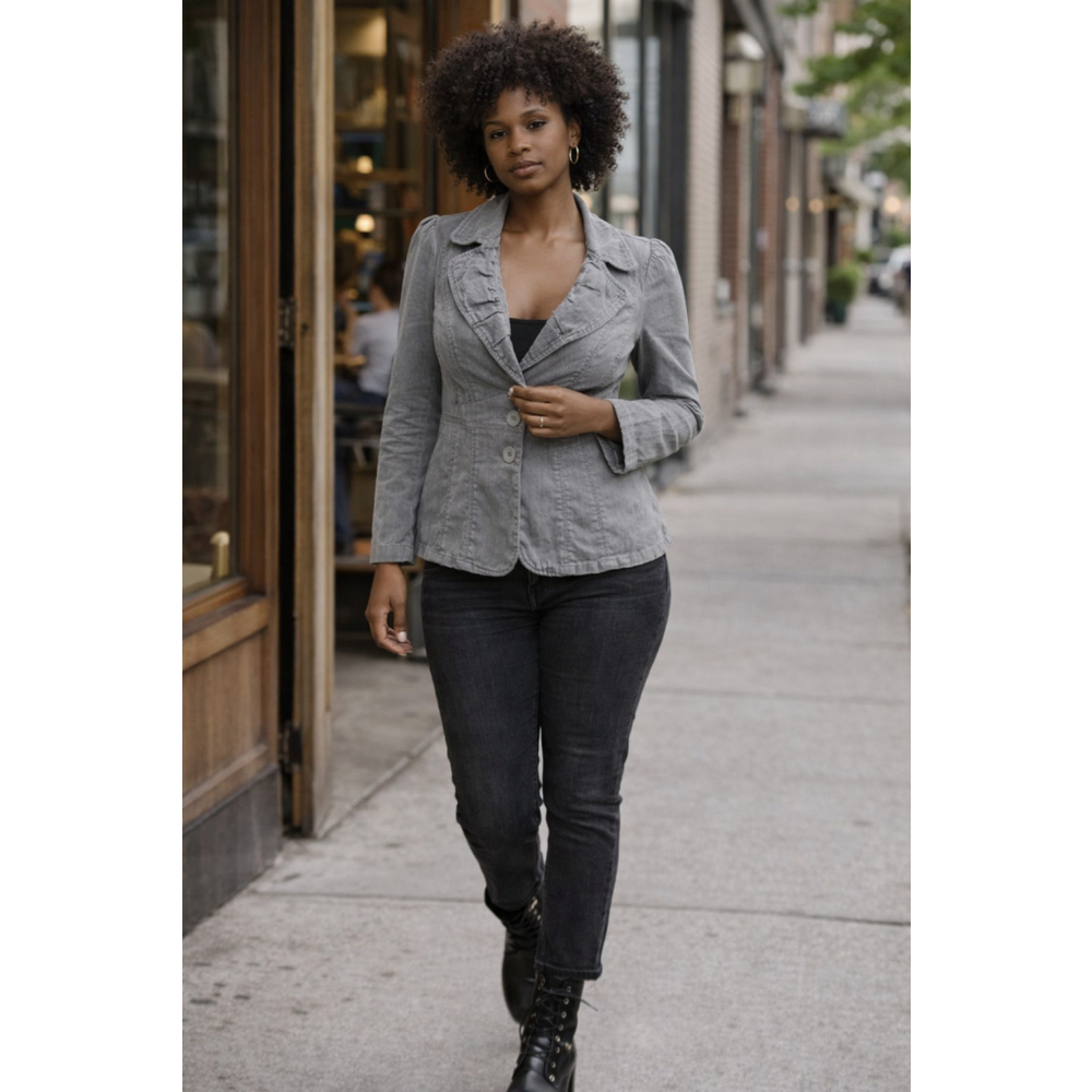 DKNY L Fitted Peplum Blazer Ruffle Lapel Gray Tailored Feminine Y2K Chic
